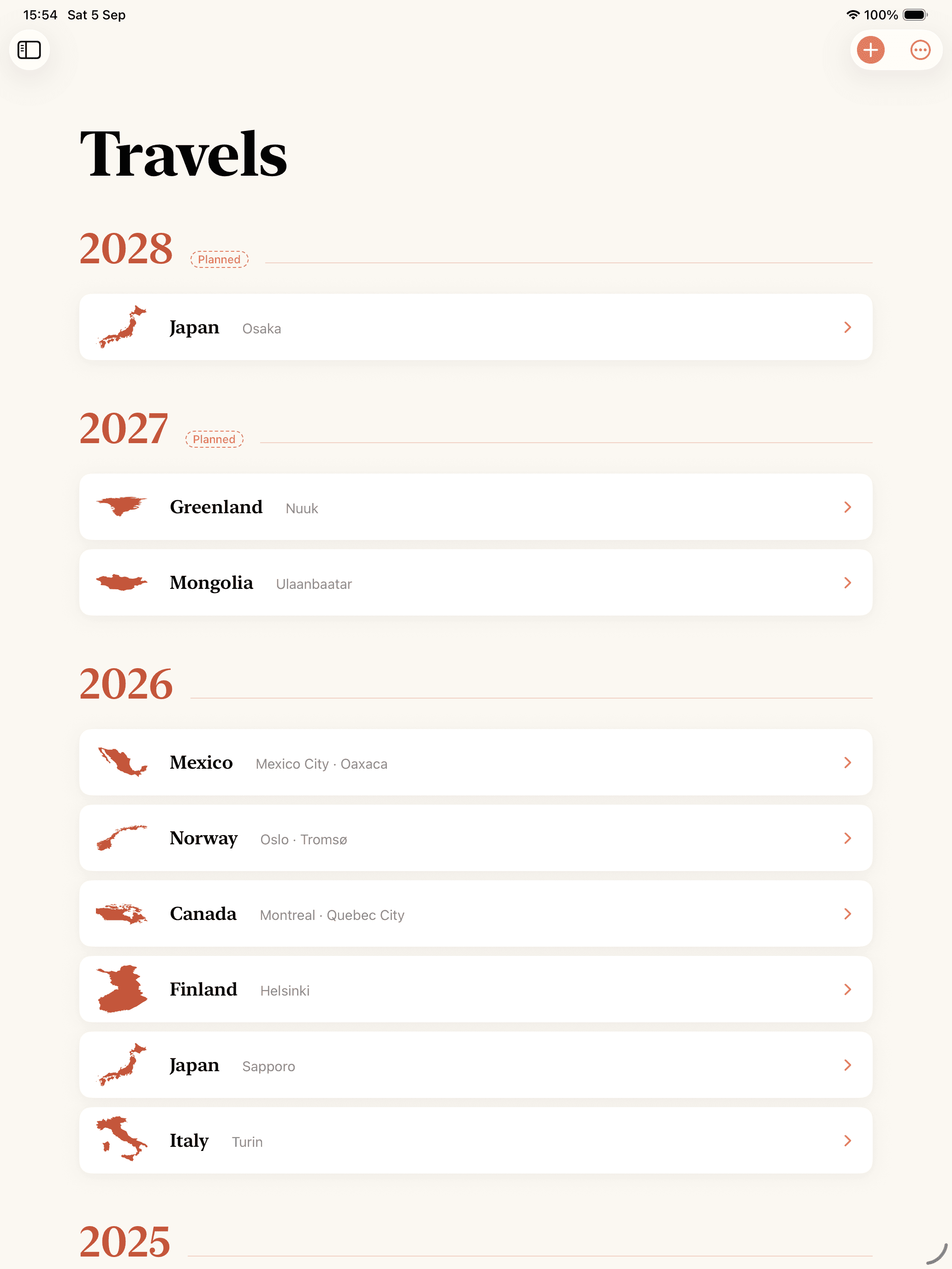 The same travels list from its top: 2028 marked Planned with Japan and Osaka, 2027 marked Planned with Greenland and Mongolia, then the six countries of 2026.