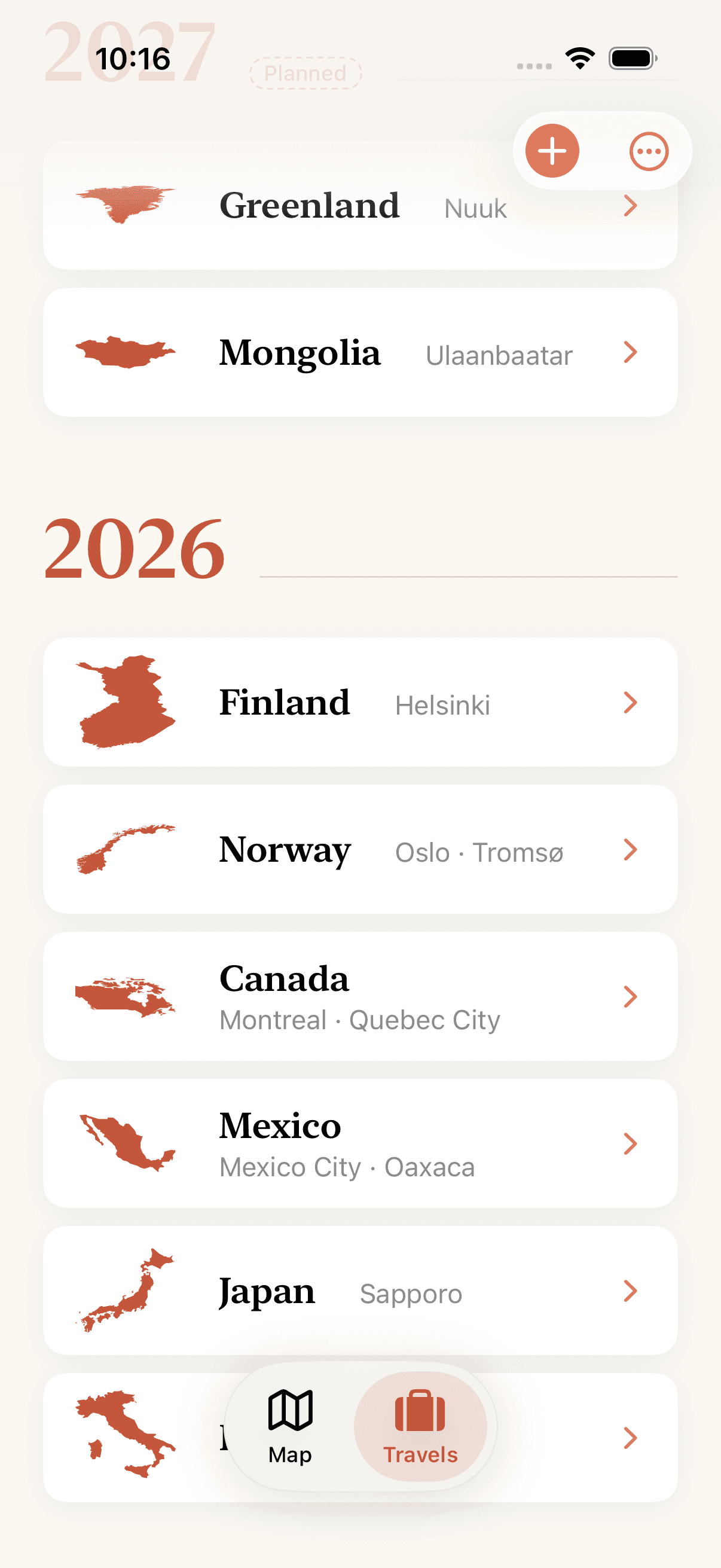 A travels list with 2027 marked Planned above Greenland and Mongolia, then 2026: Finland, Norway, Canada, Mexico and Japan, each with the cities under it.