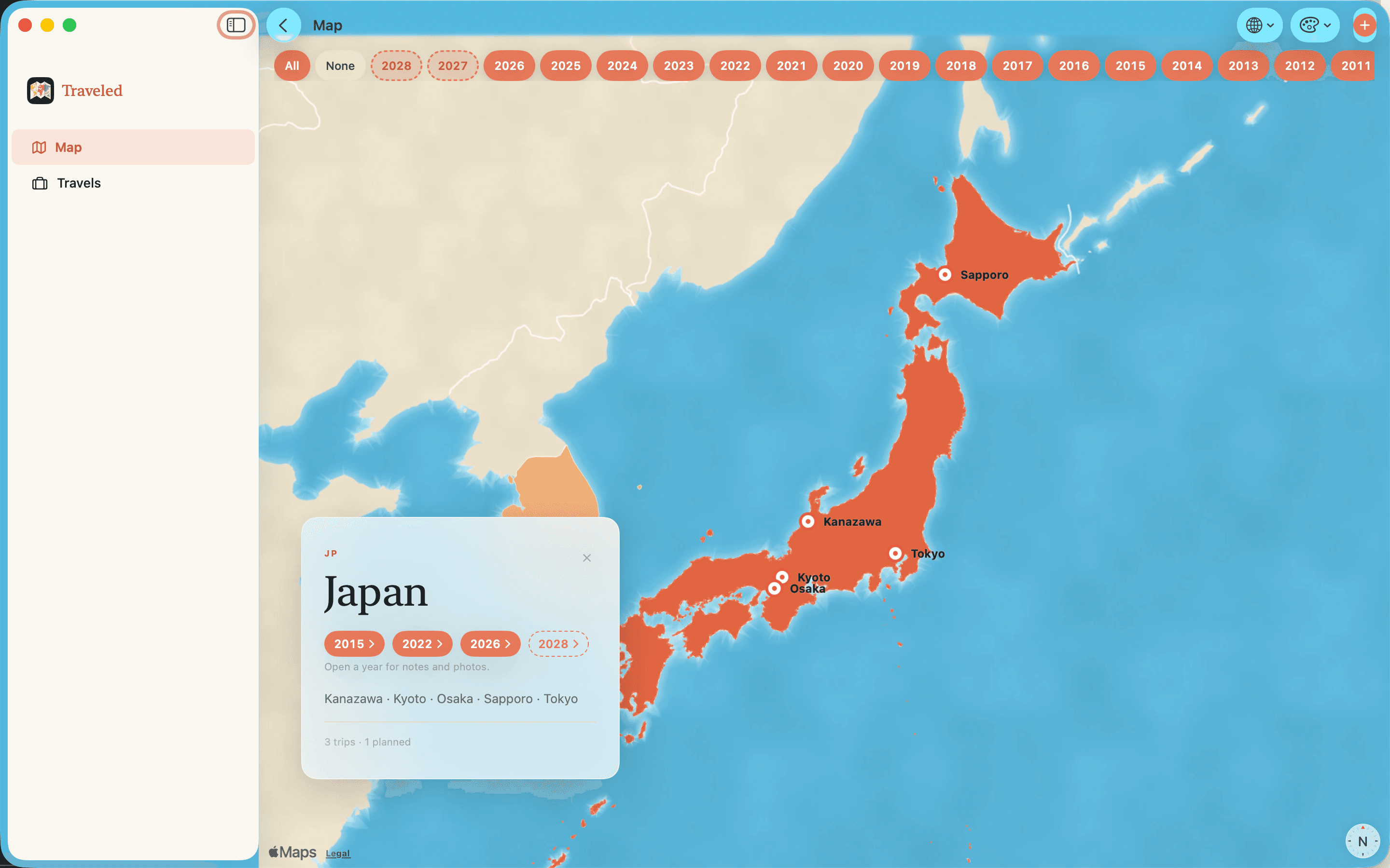 The same Japan again in a window, with the sidebar, the year legend from 2028 back to 2011, and the focus card docked over the map.